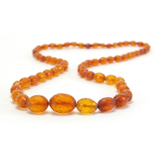 817 - Amber coloured fasciated graduated bead necklace, 86cm in length,  approximate weight 50.6g