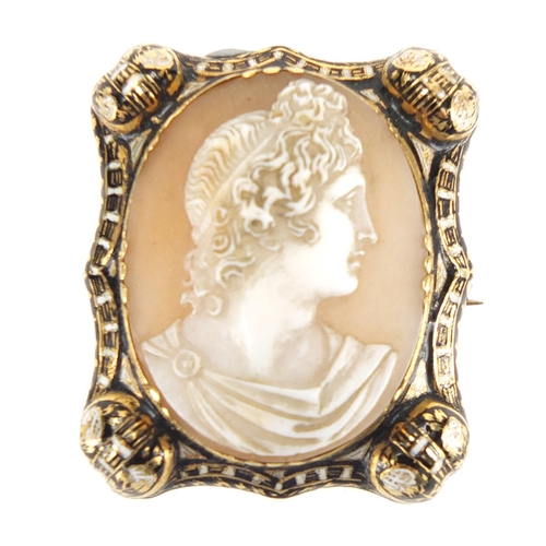 676 - Antique unmarked gold black and white enamel cameo brooch, housed in a WW Goldstraw Hanley velvet bo... 