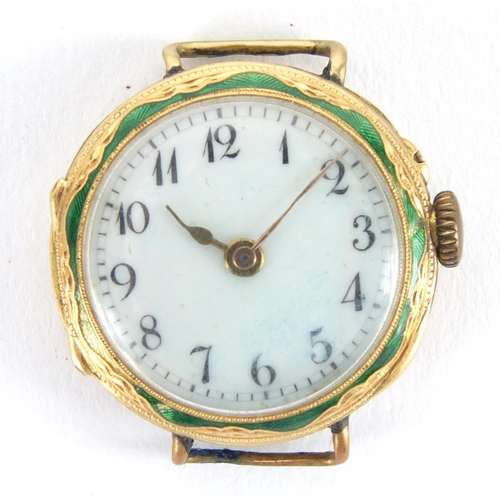 855 - Continental 18ct gold and enamel ladies wristwatch, the case set with diamonds, 2.5cm in diameter, a... 