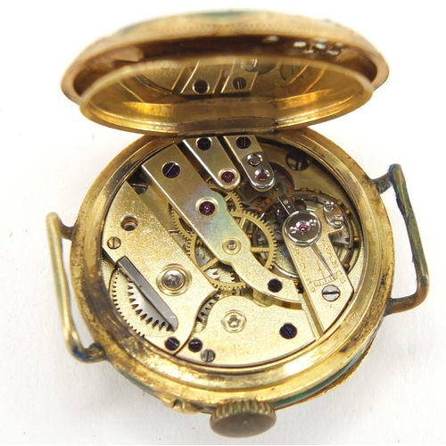 855 - Continental 18ct gold and enamel ladies wristwatch, the case set with diamonds, 2.5cm in diameter, a... 