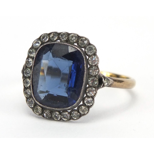 791 - 18ct gold blue and clear stone ring, size P, approximate weight 4.0g