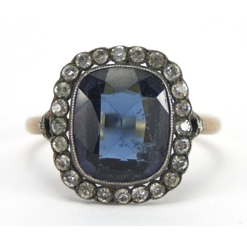 791 - 18ct gold blue and clear stone ring, size P, approximate weight 4.0g