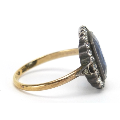 791 - 18ct gold blue and clear stone ring, size P, approximate weight 4.0g