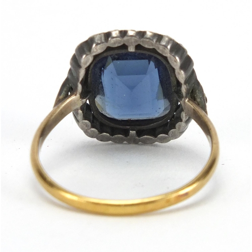 791 - 18ct gold blue and clear stone ring, size P, approximate weight 4.0g