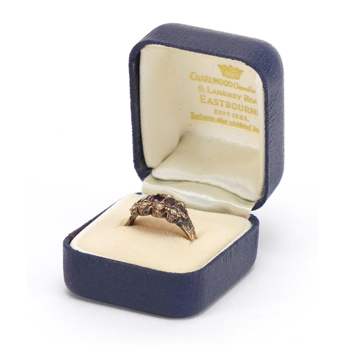 783 - Victorian 9ct gold garnet and seed pearl ring, size O, approximate weight 2.0g