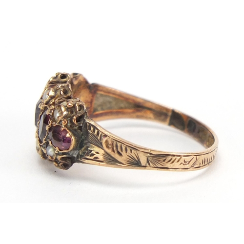 783 - Victorian 9ct gold garnet and seed pearl ring, size O, approximate weight 2.0g