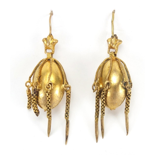 684 - Pair of Victorian gilt metal drop earrings, 4.4cm in length, approximate weight 6.0g