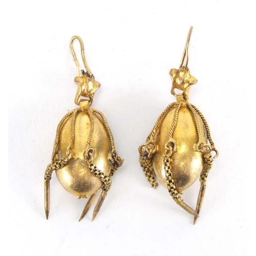 684 - Pair of Victorian gilt metal drop earrings, 4.4cm in length, approximate weight 6.0g
