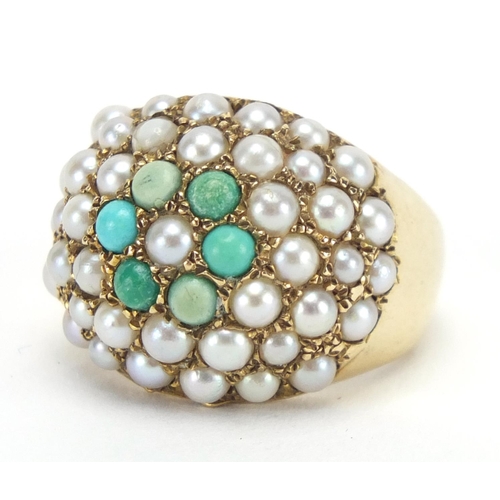 755 - 9ct gold seed pearl and turquoise cluster ring, size M, approximate weight 9.0g