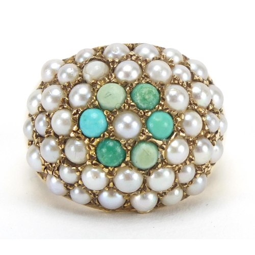 755 - 9ct gold seed pearl and turquoise cluster ring, size M, approximate weight 9.0g