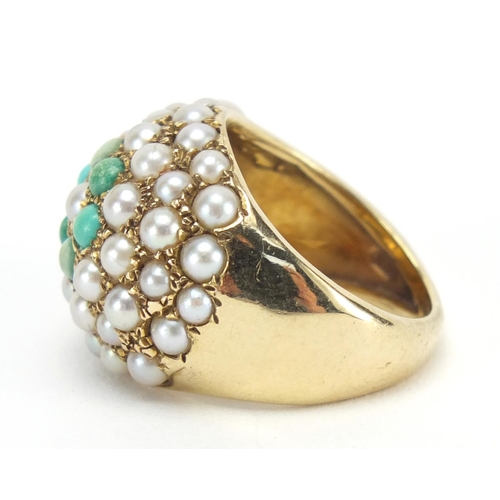 755 - 9ct gold seed pearl and turquoise cluster ring, size M, approximate weight 9.0g