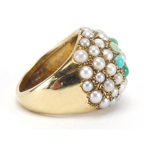 755 - 9ct gold seed pearl and turquoise cluster ring, size M, approximate weight 9.0g