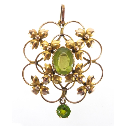 694 - Art Nouveau 9ct gold peridot pendant, 4cm in length, approximate weight 3.9g