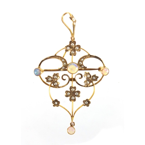 680 - Art Nouveau 9ct gold opal and seed pearl pendant brooch, 5,5cm in length, approximate weight 2.7g