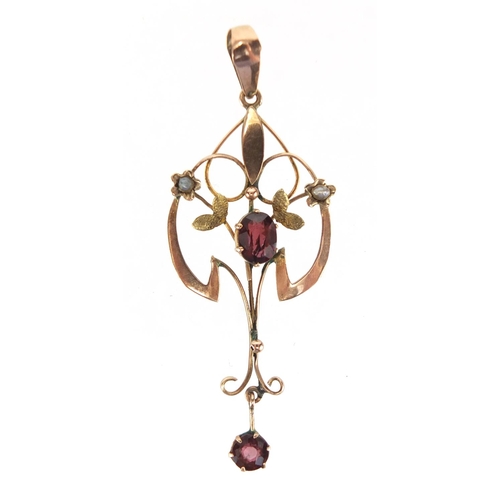 780 - Art Nouveau 9ct gold garnet and seed pearl pendant, 5.5cmm in length, approximate weight 2.0g