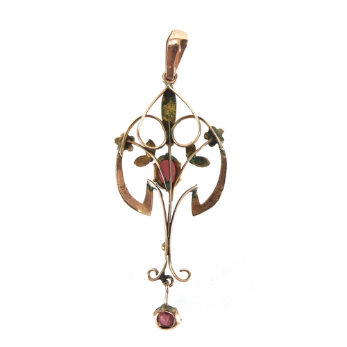 780 - Art Nouveau 9ct gold garnet and seed pearl pendant, 5.5cmm in length, approximate weight 2.0g