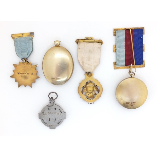 186 - Five Masonic silver jewels, four enamel including Royal Masonic Institute for Girls and Royal Masoni... 