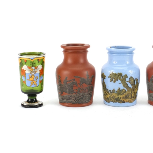 183 - Three Victorian Prattware jars and two glasses, the largest 10cm high