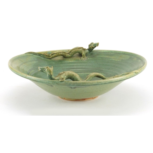 471 - Chinese pottery footed bowl, mounted with dragons, 36cm in diameter