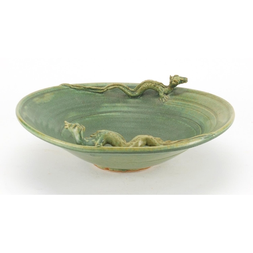 471 - Chinese pottery footed bowl, mounted with dragons, 36cm in diameter