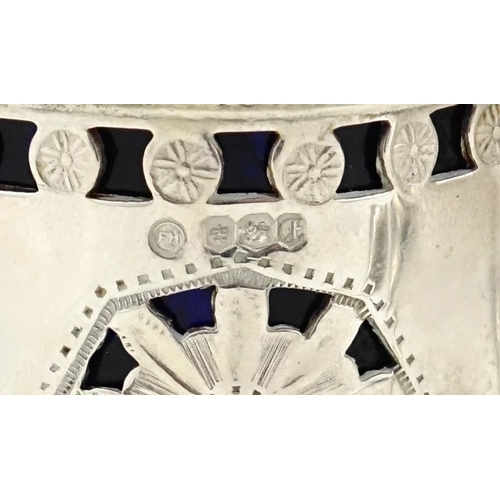 624 - Silver three piece cruet with pierced decoration an blue glass liners, by Francis Howard Ltd. Sheffi... 