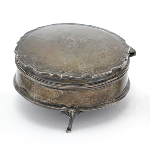 630 - Circular silver three footed jewel box, bon bon dish and beaker, various hallmarks, the largest 11cm... 