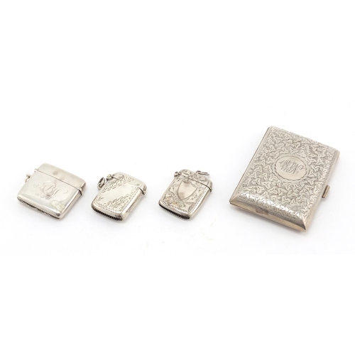 628 - Rectangular silver cigarette case and three vesta's, various Birmingham hallmarks, the largest 8cm w... 