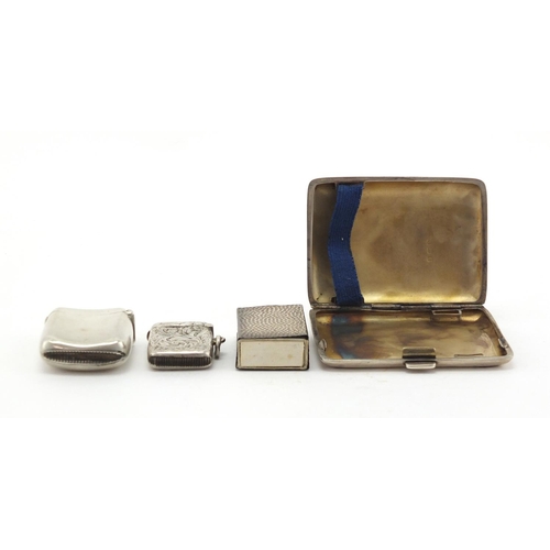 623 - Rectangular silver cigarette case, matchbox cover and two vesta's, two with engraved floral decorati... 