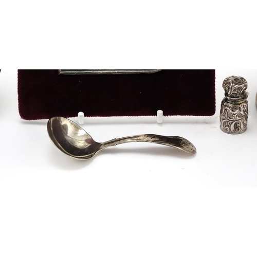 647 - Georgian and later silver objects including miniature scent bottle, pedestal dish, photo frame and c... 