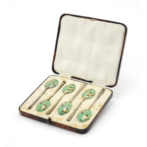 638 - Set of six silver and enamel teaspoons by Turner & Simpson Ltd. Birmingham 1935, housed in a velvet ... 