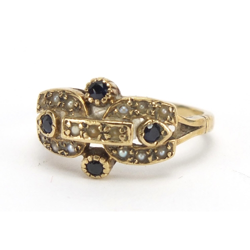 770 - 9ct gold seed pearl and sapphire ring, housed in a James Walker box, size M, approximate weight 3.6g