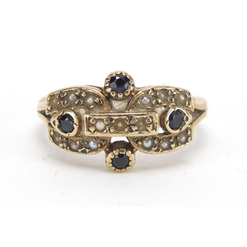 770 - 9ct gold seed pearl and sapphire ring, housed in a James Walker box, size M, approximate weight 3.6g