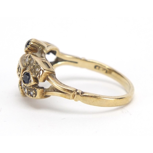 770 - 9ct gold seed pearl and sapphire ring, housed in a James Walker box, size M, approximate weight 3.6g