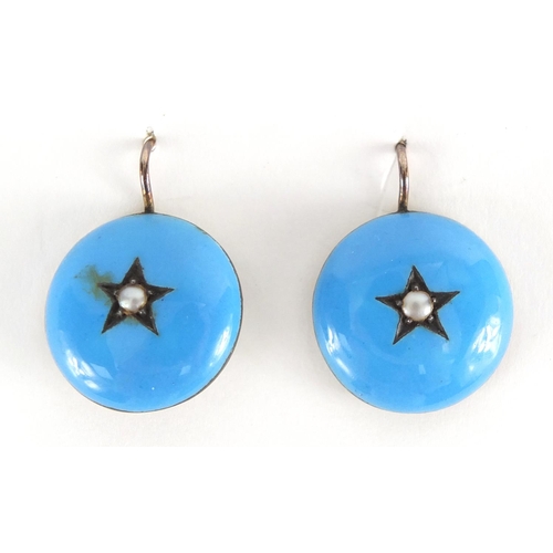 773 - Pair of Victorian blue enamel and seed pearl earrings, each stamped 875, 2cm in diameter, approximat... 