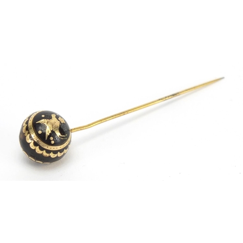 784 - Victorian unmarked gold and tortoiseshell piquet work tie pin, housed in a Victorian tooled leather ... 