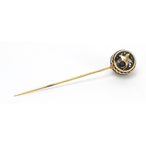 784 - Victorian unmarked gold and tortoiseshell piquet work tie pin, housed in a Victorian tooled leather ... 