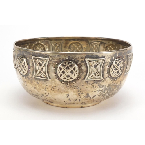 626 - Arts & Crafts circular silver footed bowl, embossed with stylised motifs, by Fenton Brothers Ltd, Sh... 