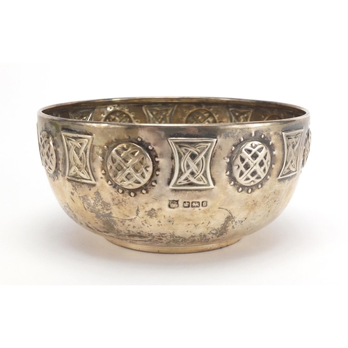 626 - Arts & Crafts circular silver footed bowl, embossed with stylised motifs, by Fenton Brothers Ltd, Sh... 