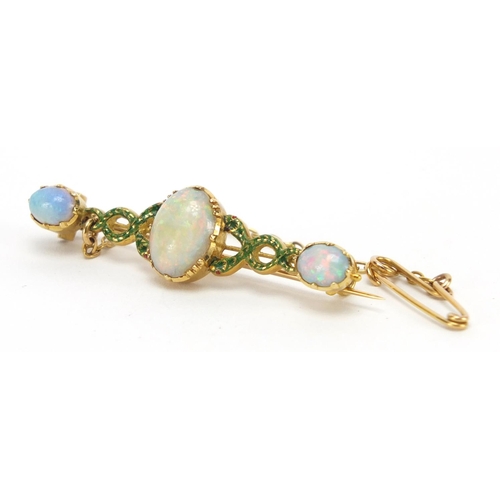 699 - Victorian unmarked gold opal and green enamel bar brooch, 4.5cm in length, approximate weight 5.3g