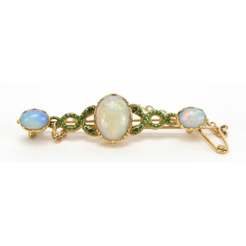 699 - Victorian unmarked gold opal and green enamel bar brooch, 4.5cm in length, approximate weight 5.3g