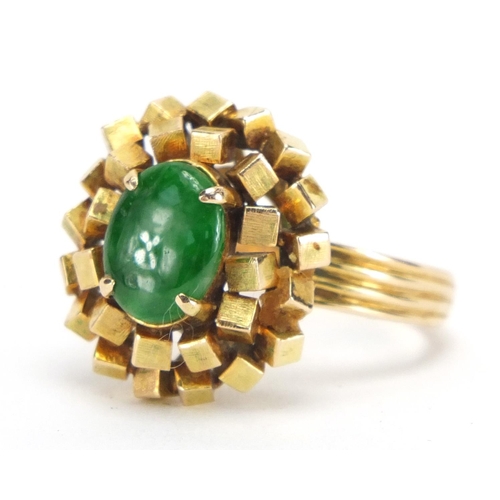 733 - 14ct gold cabochon green jade ring, size L, approximate weight 7.6g