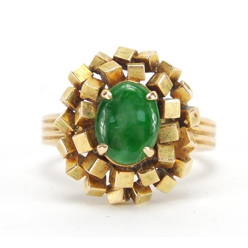 733 - 14ct gold cabochon green jade ring, size L, approximate weight 7.6g