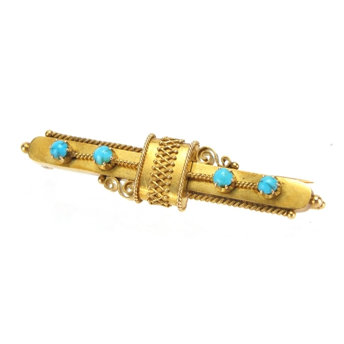 696 - Continental gold turquoise bar brooch, indistinct marks to the pin, 5.5cm in length, approximate wei... 