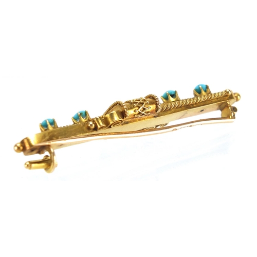 696 - Continental gold turquoise bar brooch, indistinct marks to the pin, 5.5cm in length, approximate wei... 
