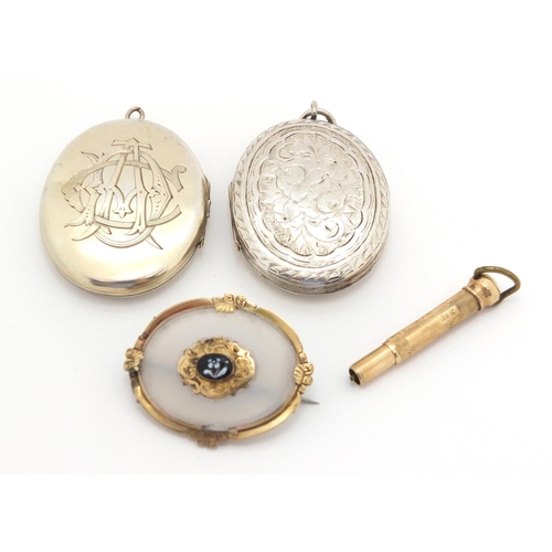 802 - Two Victorian silver plated lockets, an agate and cameo brooch and 14ct gold propelling pencil