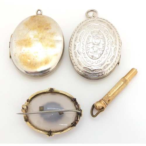 802 - Two Victorian silver plated lockets, an agate and cameo brooch and 14ct gold propelling pencil