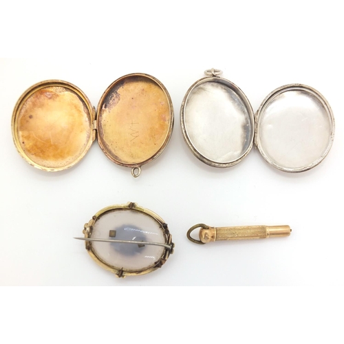 802 - Two Victorian silver plated lockets, an agate and cameo brooch and 14ct gold propelling pencil