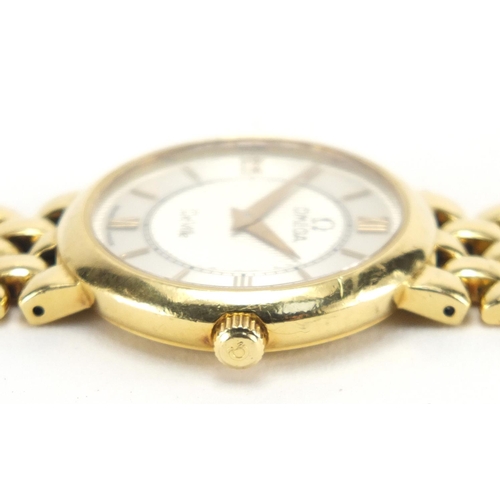 848 - Ladies 18ct gold Omega Deville wristwatch with 18ct gold strap, the case numbered 56643398, with rel... 