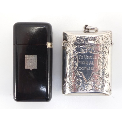 611 - Victorian silver vesta and a tortoiseshell vesta, the silver example hallmarked Chester 1902, the la... 