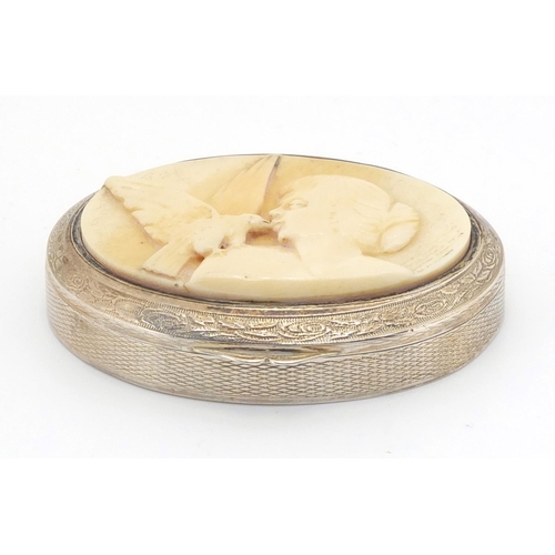 633 - Continental oval 800 grade silver box, the hinged lid inset with an ivory panel of a female with a d... 